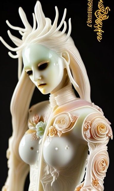 Opalescent Porcelain Android with Floral Ink Designs