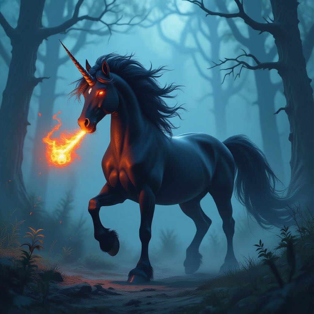 Fiery Unicorn in Misty Forest, Fantasy Art