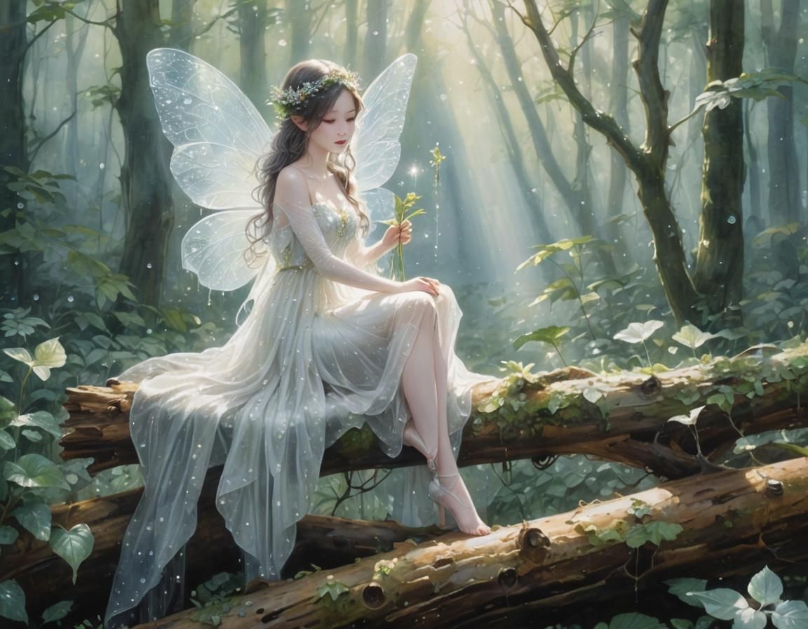 Fragile Fairy in Sunlit Forest as Gouache Painting