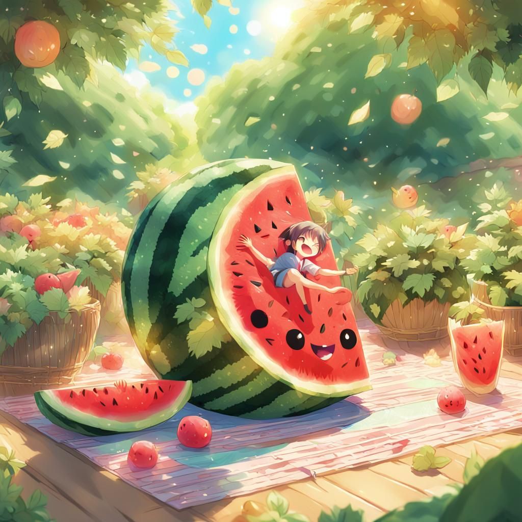 Smiling Watermelon in Summer Garden: Anime Style