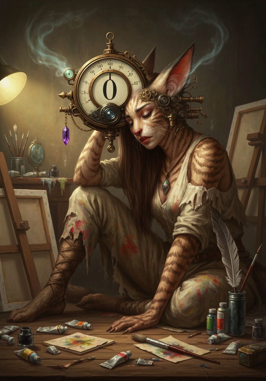 Exhausted Steampunk Artist in Impasto Oil Painting