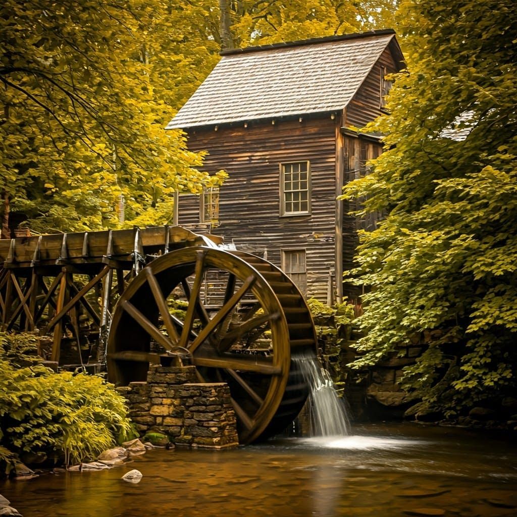 Rustic Waterwheel in Gentle Stream, Grist Mill Setting