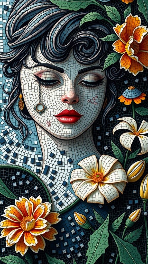 Pointillist Gemstone Mosaic: Woman with Flowers