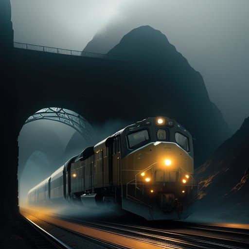Futuristic Train Speeds Through Misty Mountain Tunnel in Met...