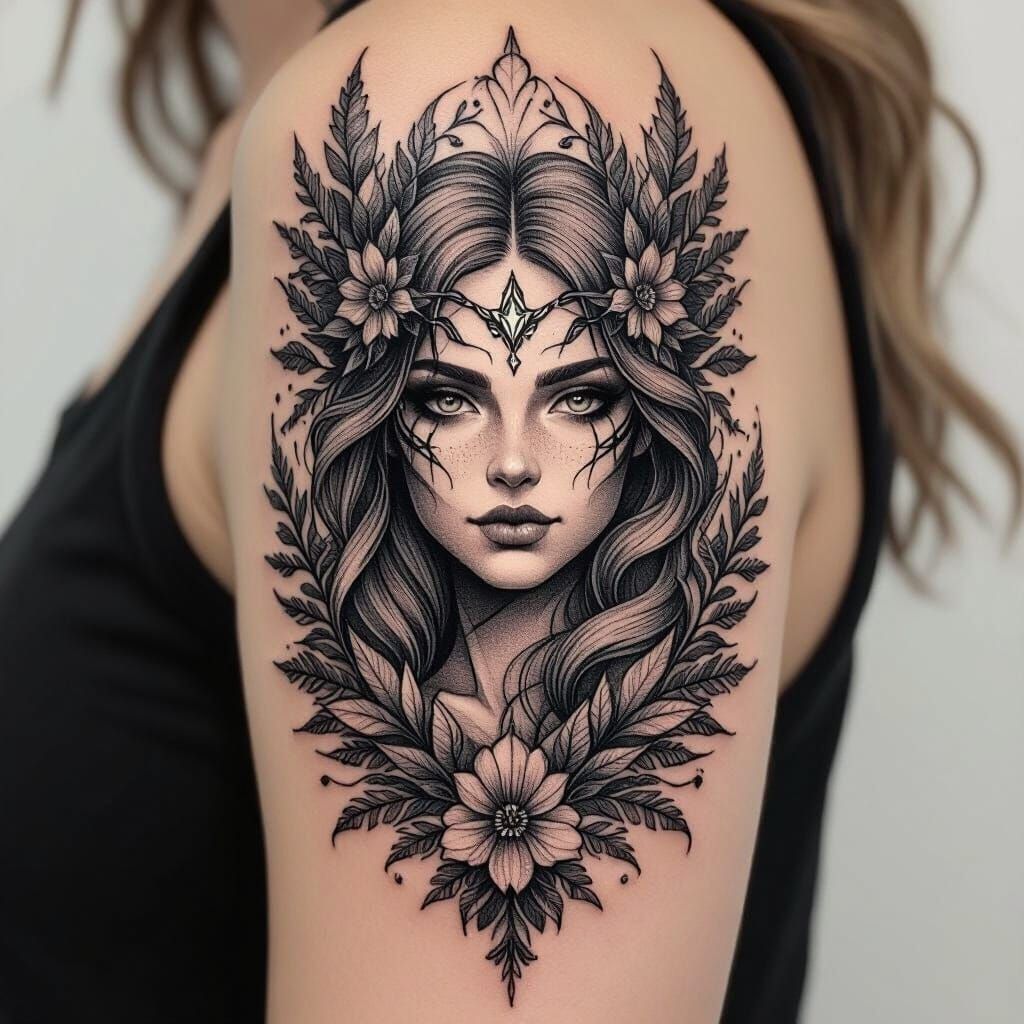 Forest Nymph Tattoo Design in Charcoal Drawing Style