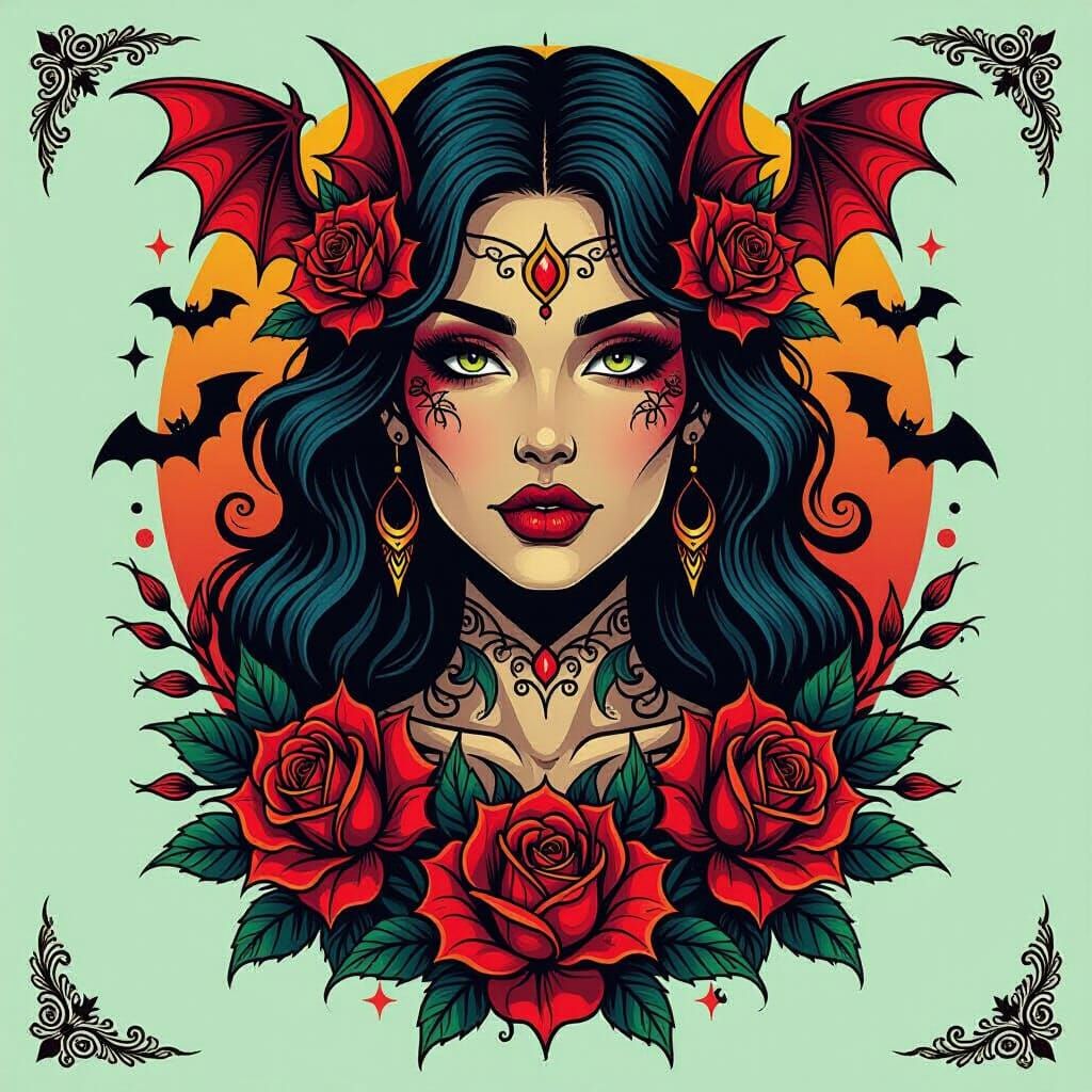 Gothic Tattoo Flash Sheet with Roses and Bats