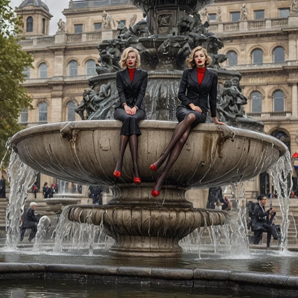 Glamorous Women in Trafalgar Square Fountain