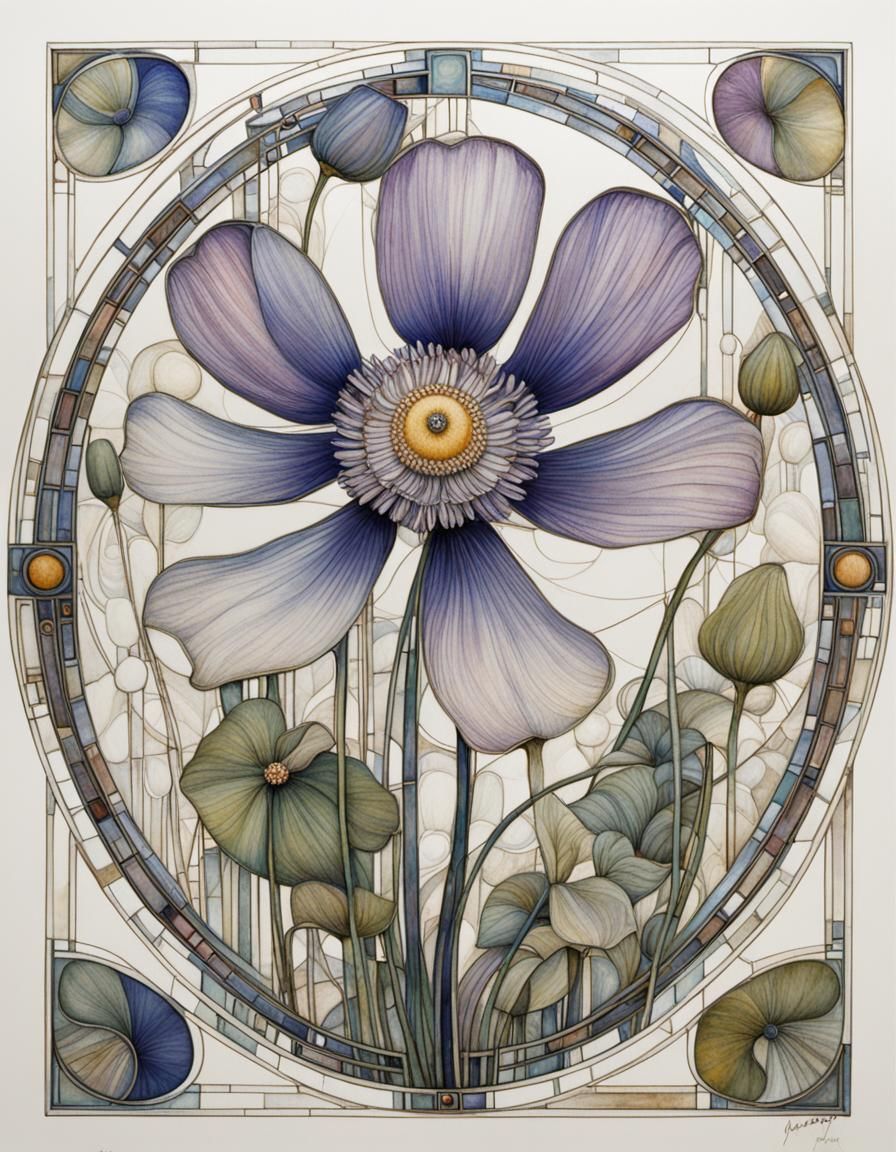Isolated Windflower in Art Nouveau Style