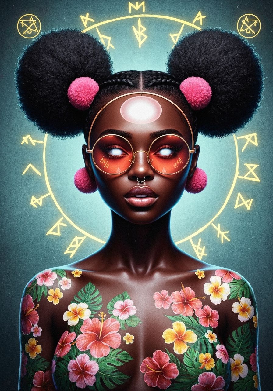 Arcane Woman with Tropical Flowers, Matte Painting Style