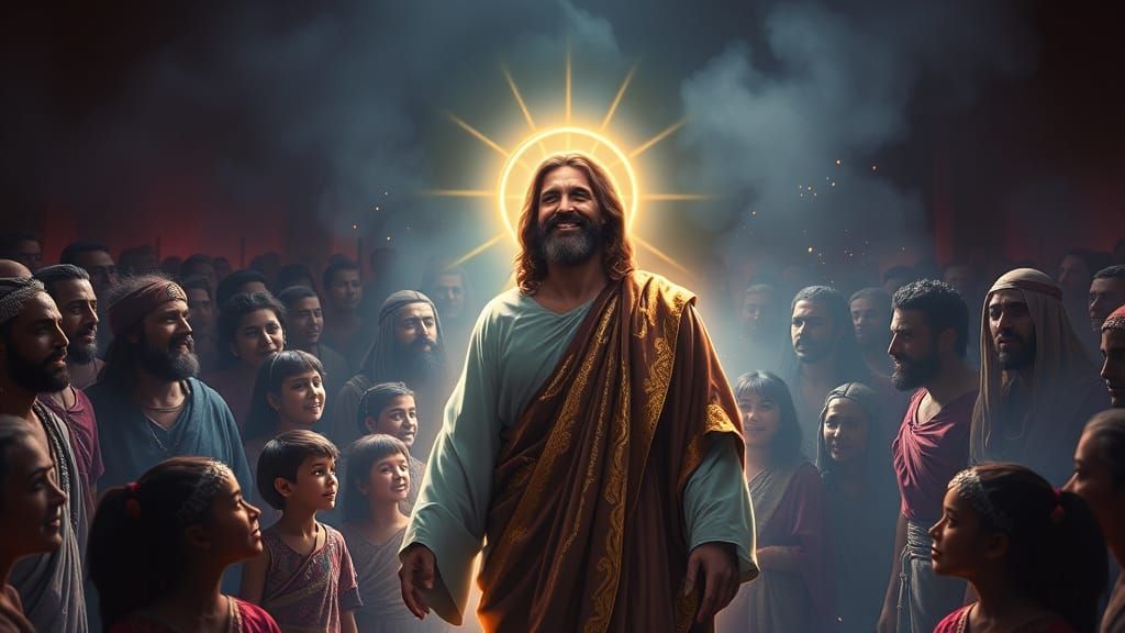Radiant Jesus in Neon Halo, Dark Fantasy Style
