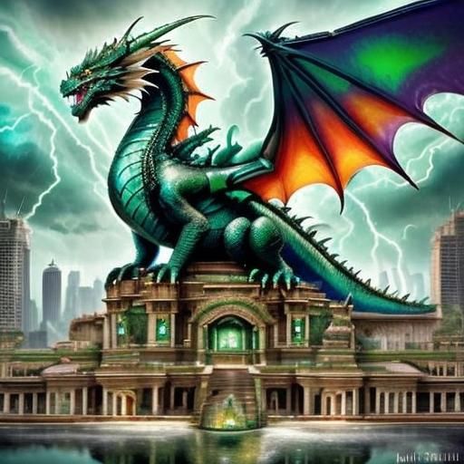 Art Deco Dragon in Stormy Cityscape