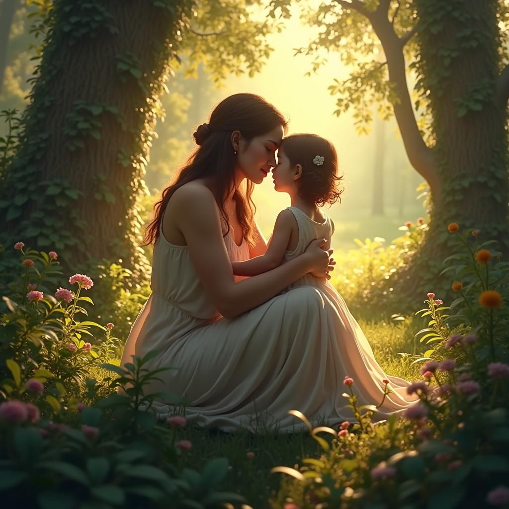 Mother and Child Embrace in Mystical Forest