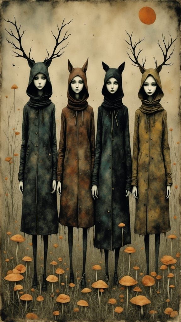 Slender Figures with Amber Eyes and Antlers in Mushroom Fiel...