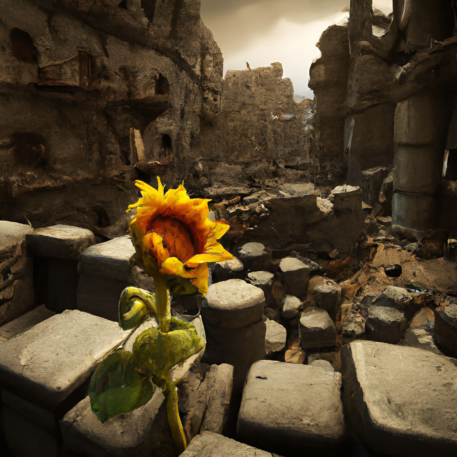 Hopeful Sunflower in Decayed Roman City