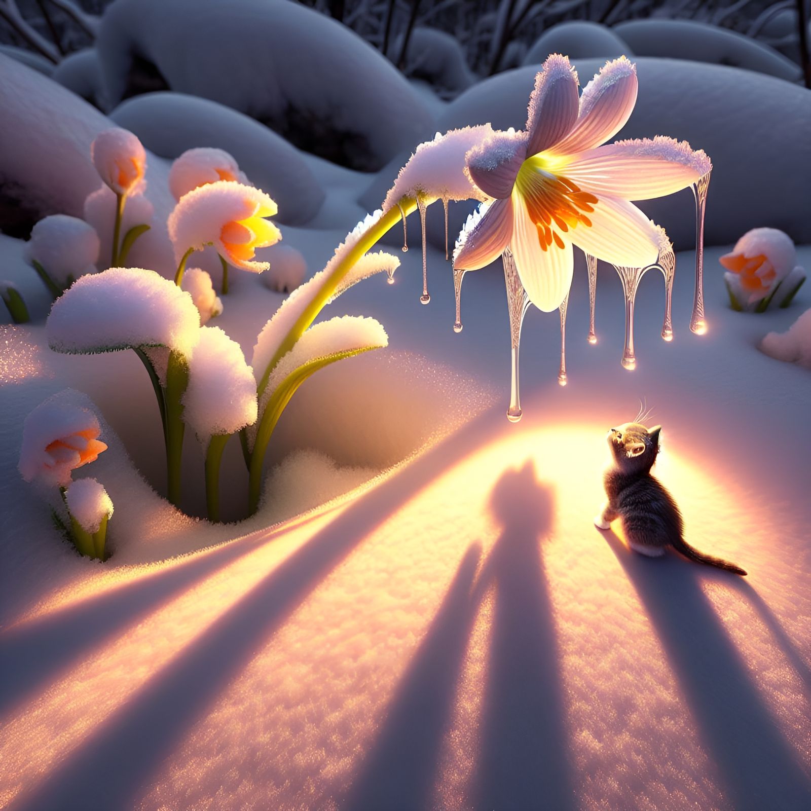 Spring Flower and Kitten in 3D Render