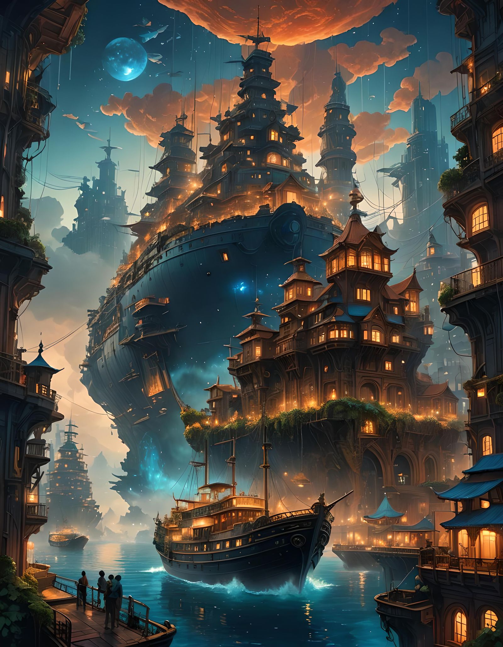 Fantastical City Above Ship in Ocean: Matte Painting