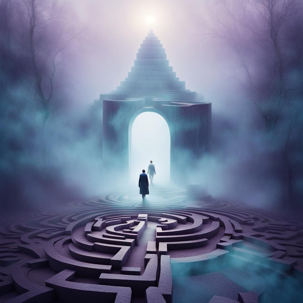 Surreal Labyrinth: Ethereal Light and Shifting Mist