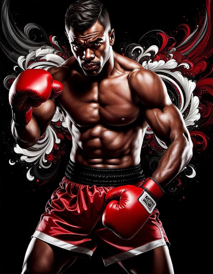 Boxer in Fighting Pose with Abstract Elements