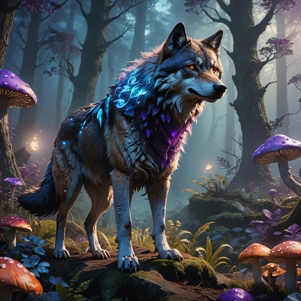 Wolf-Dog Hybrid in Mystical Forest: Fantasy Concept Art