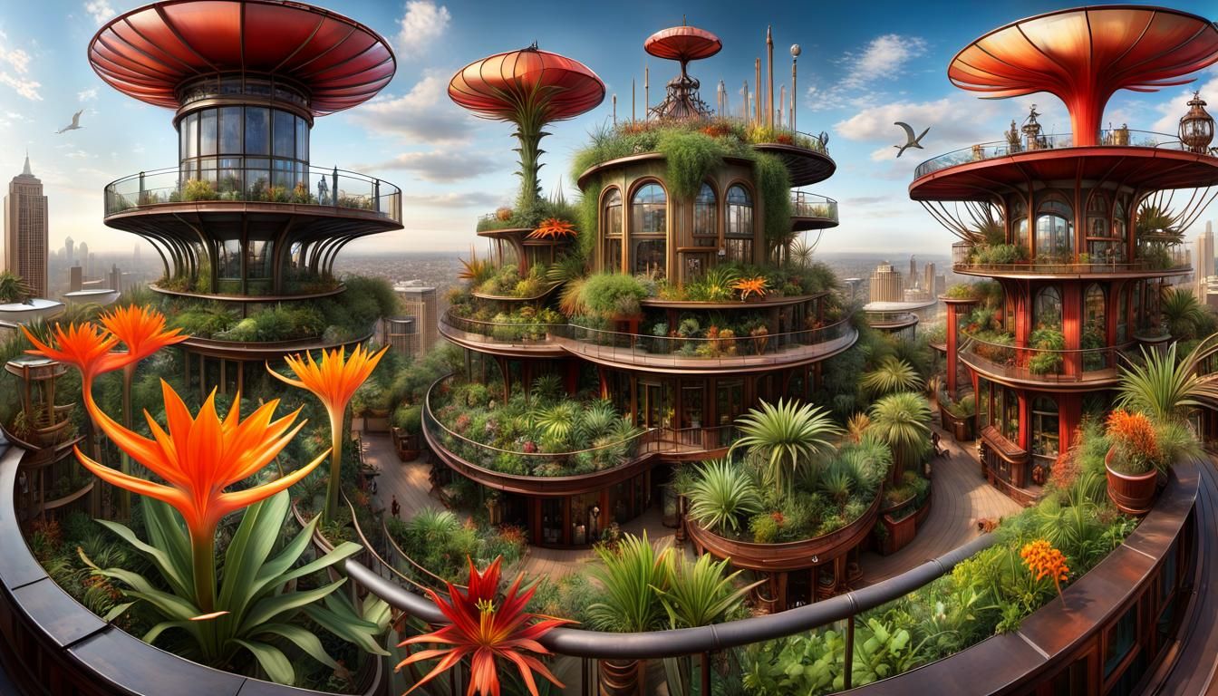 Lush Steampunk Sky Roof Garden Panorama
