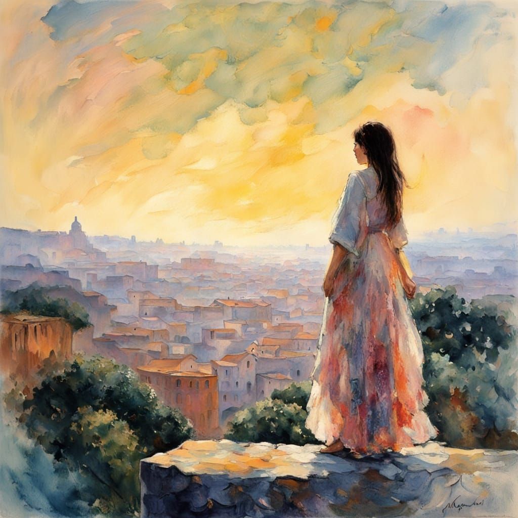 Woman Overlooking Ancient Rome at Dawn in Ethereal Style