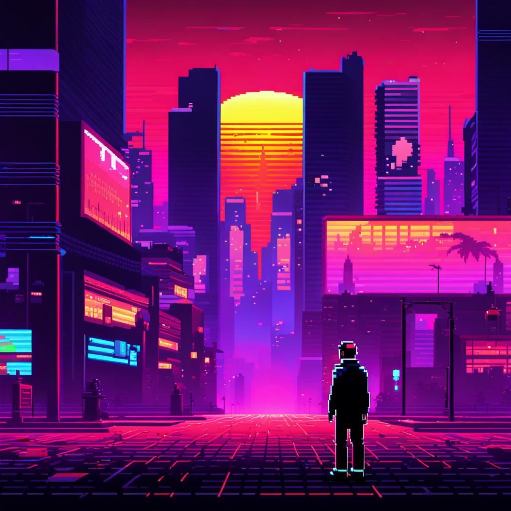 Neon City Figure in Pixel Art Style