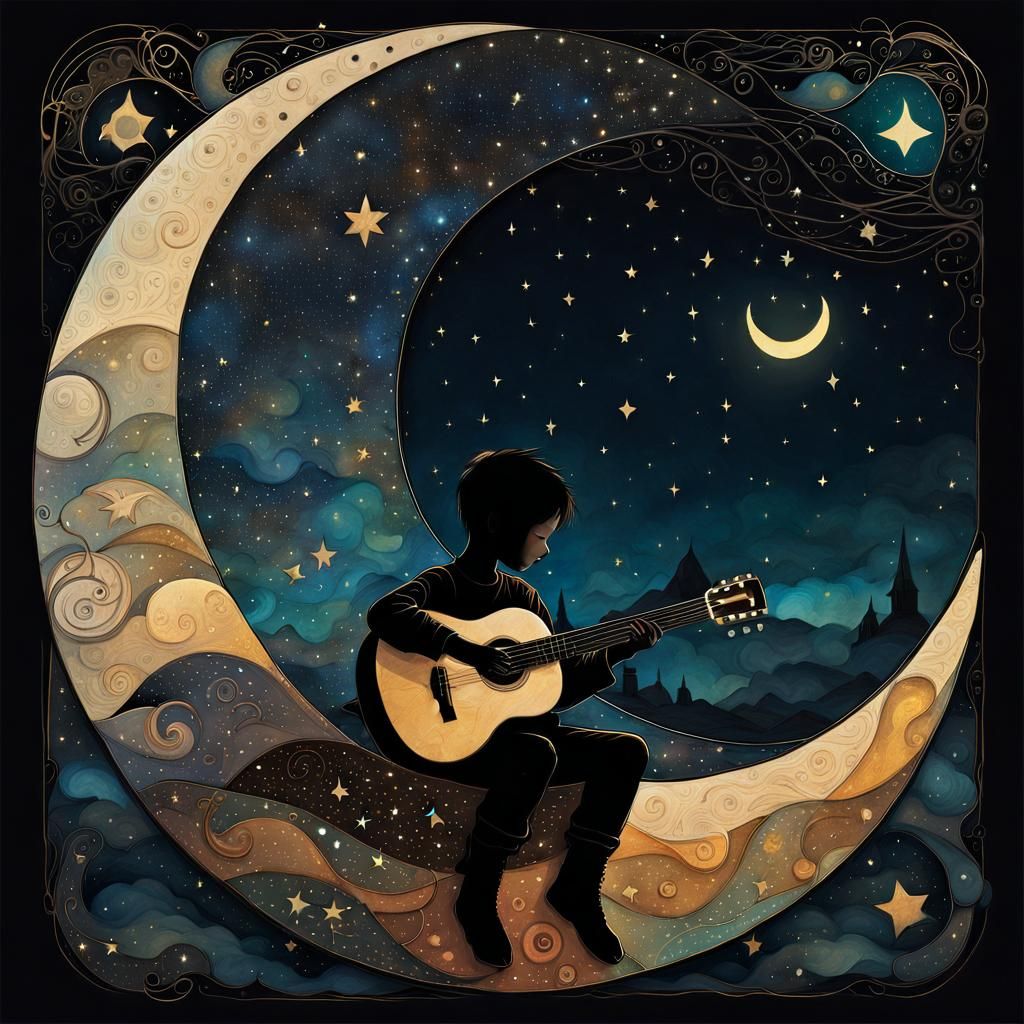 Boy Playing Guitar on Moon in Folk Art Style