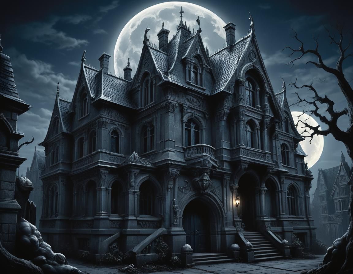 Eerie Gothic House Under Full Moon in Dark Fantasy Style