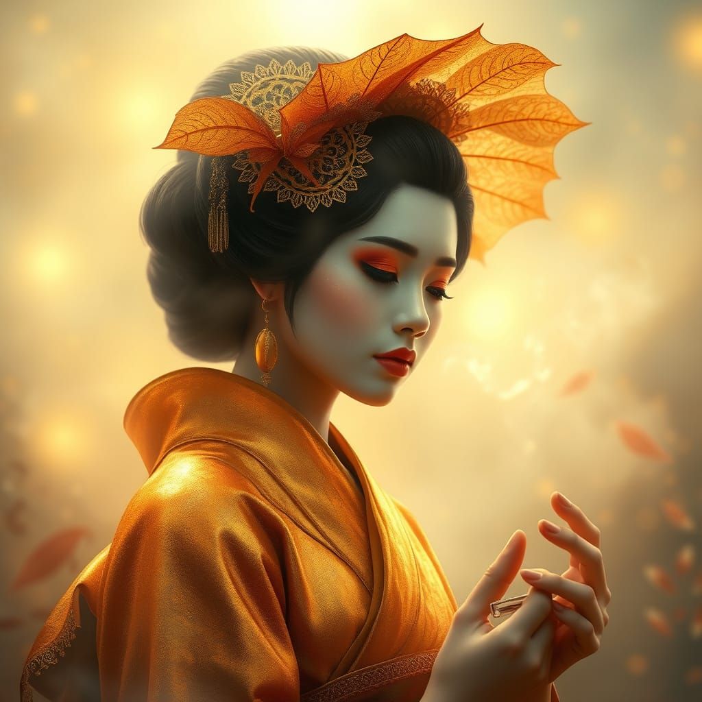 Golden Leaf Geisha Appears in Ethereal Mist