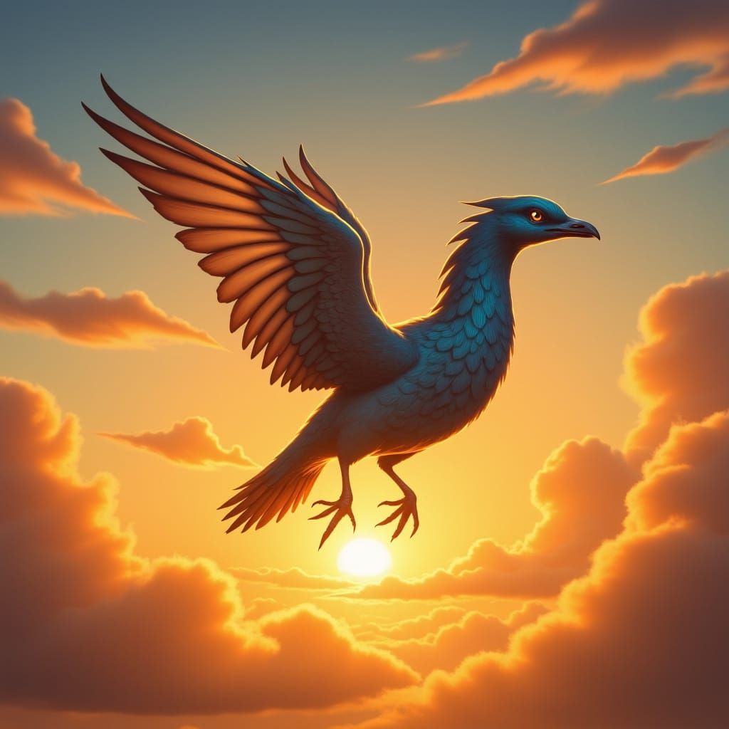 Dragon Pigeon Hybrid Soars in Epic Fantasy Sunset