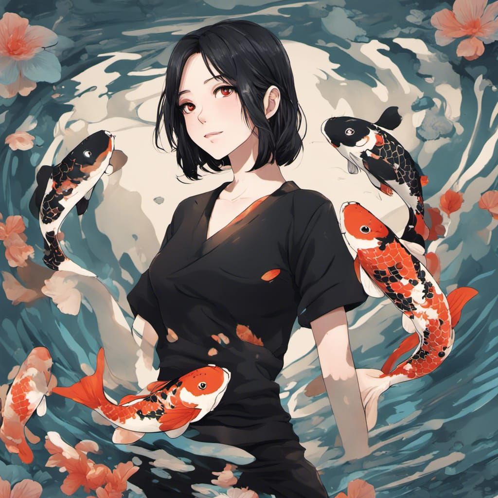 Anime Style Woman with Koi Fish Shirt