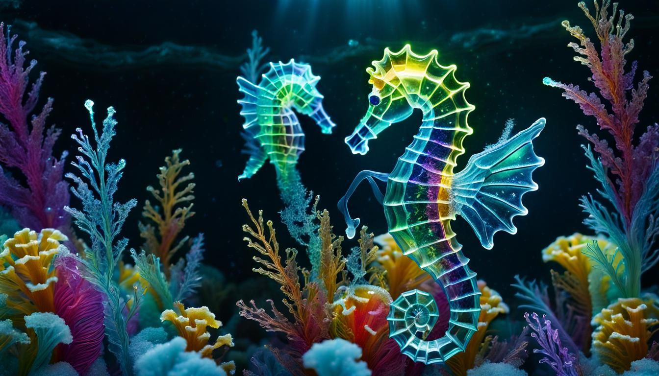 Sequins, wavy luminescent threads, seahorse with wings