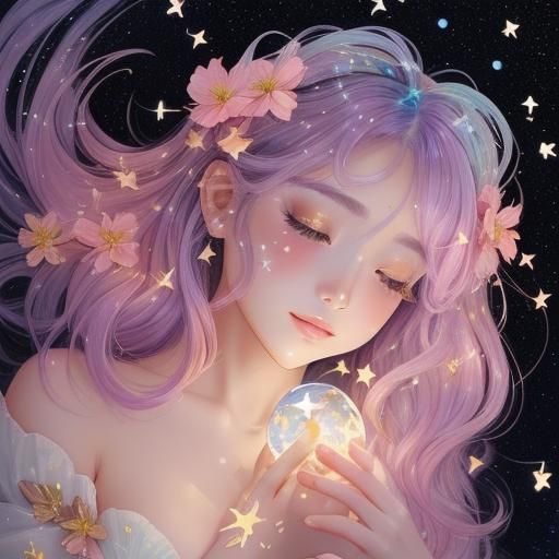 Radiant Fairy Portrait with Zodiac Signs in Watercolor