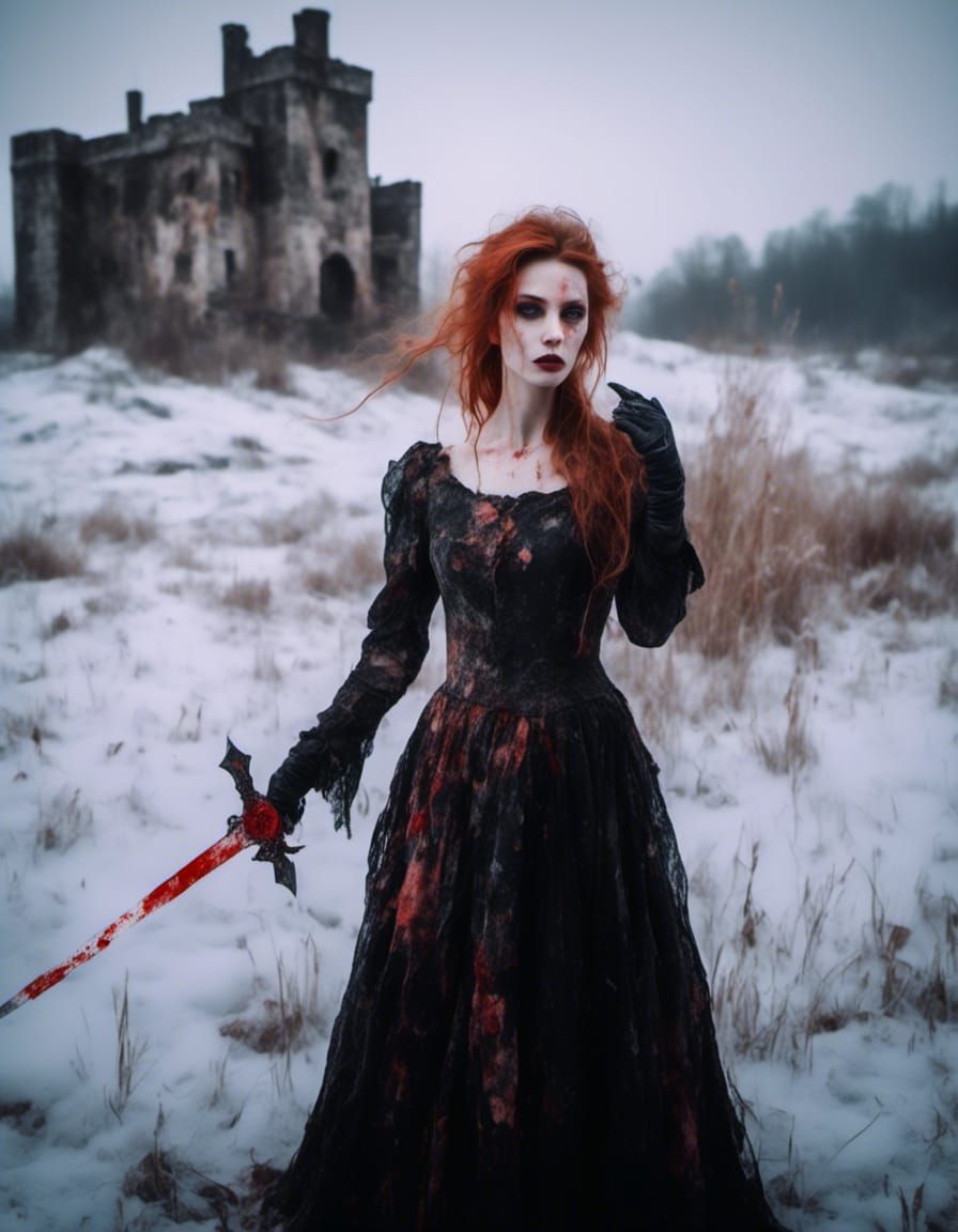 Woman with Sword in Macabre Style, Castle Backdrop