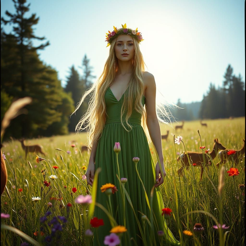 Ethereal Goddess Amidst Blooming Meadow