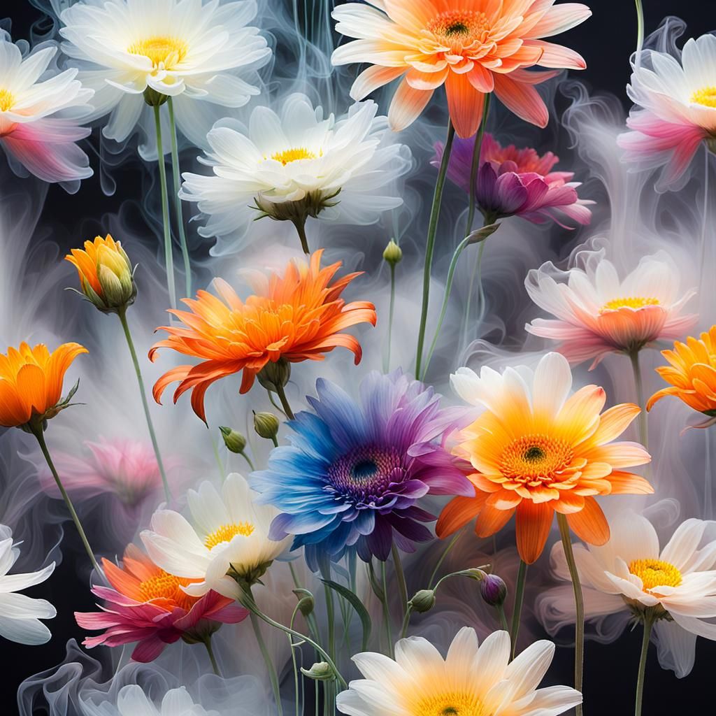 Fresh flowers emerge through a smoke-like substance in the scary canvas, by Valent10179, arranged in bouquets, wild flow...