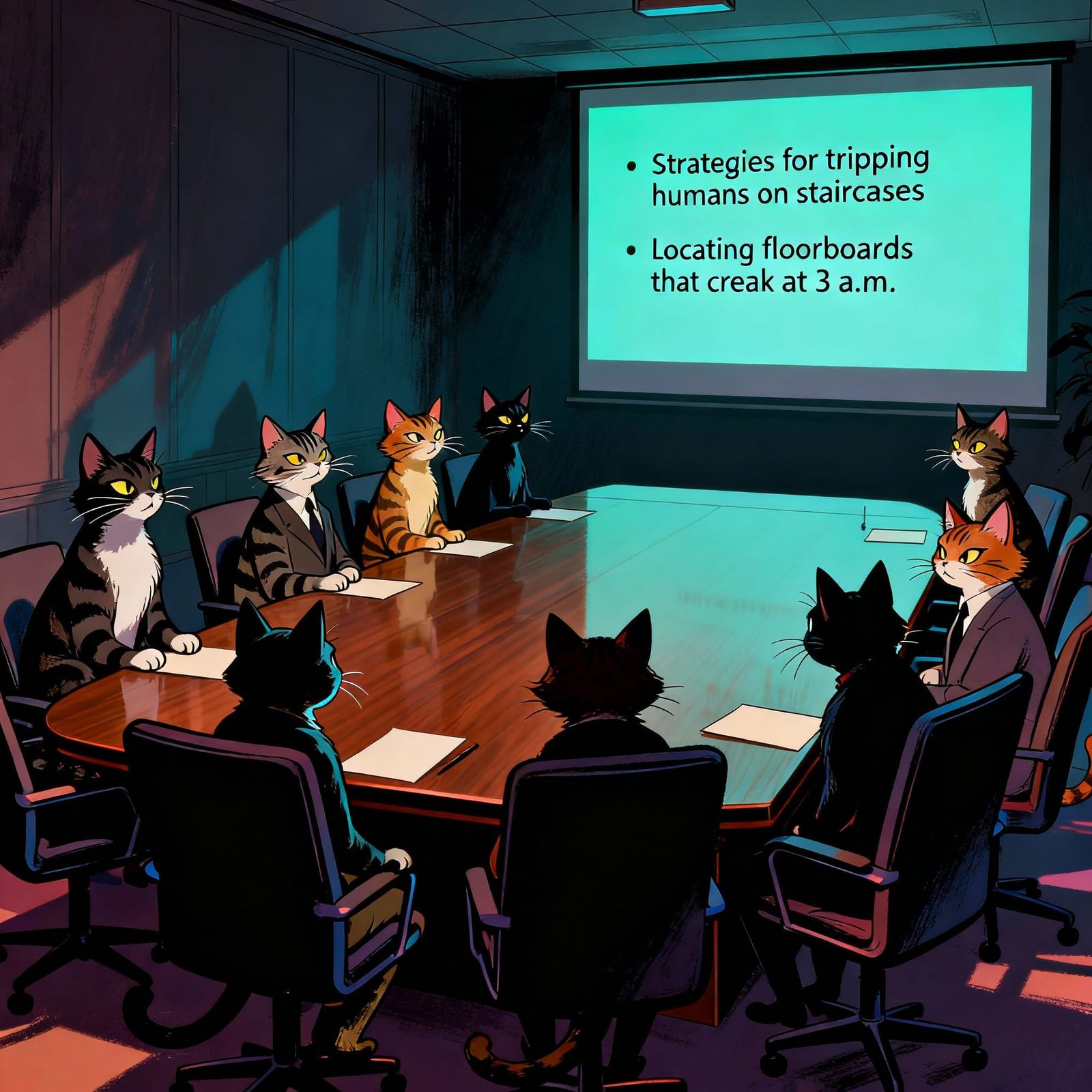 Cats' Secret Meeting: A Whimsical Storybook Illustration