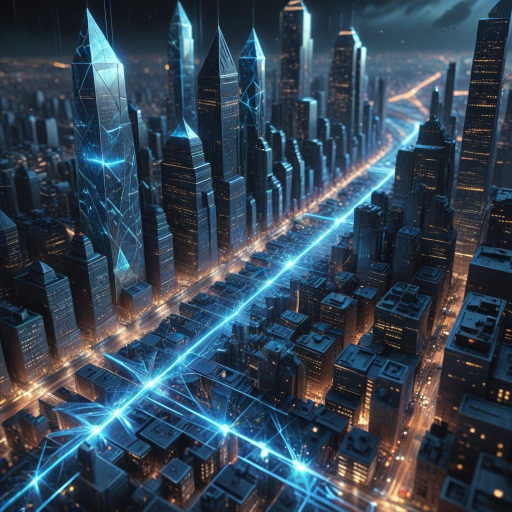 Holographic Isometric Cityscape in Charcoal Style