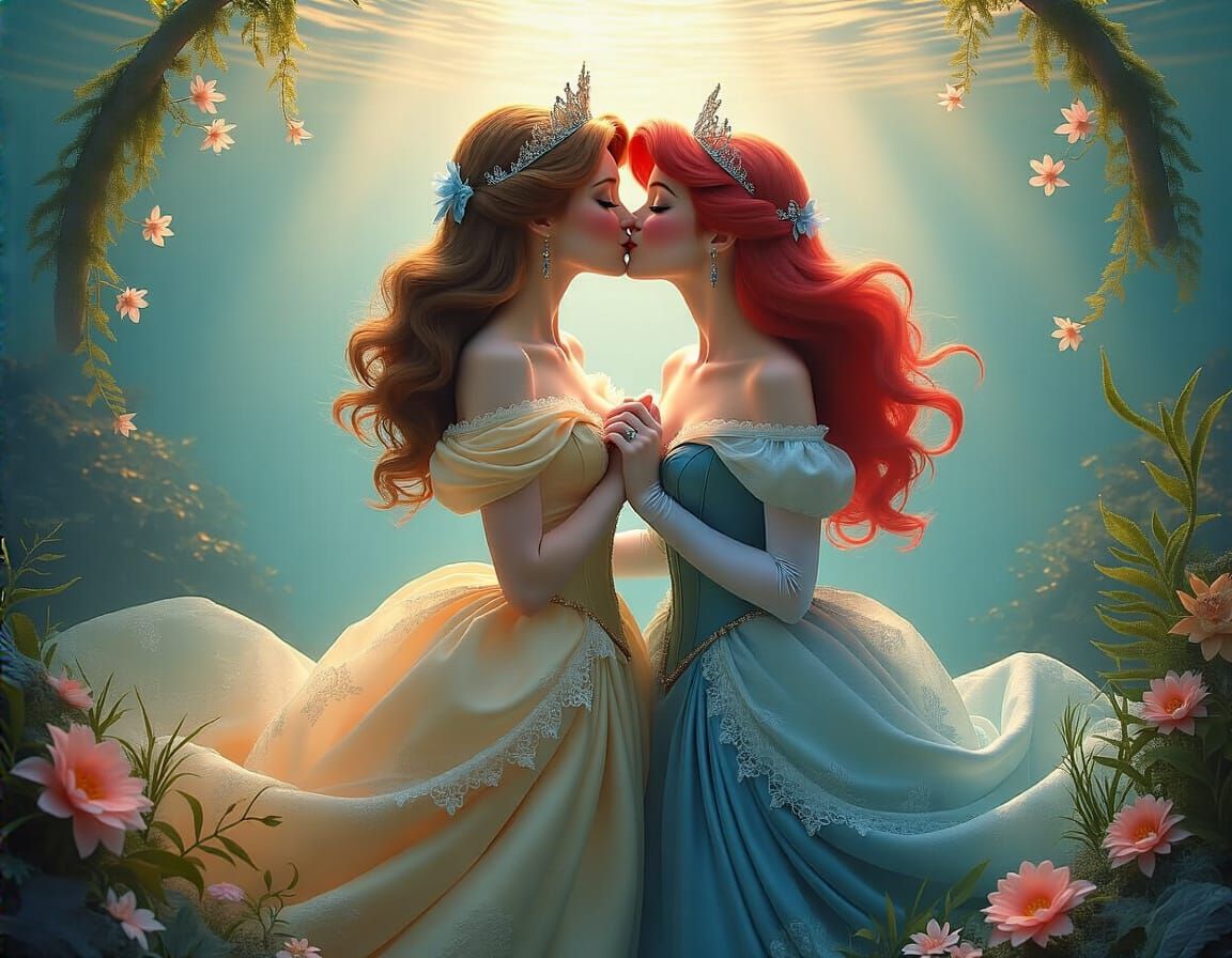 Belle and Ariel's Underwater Kiss: Dreamy Romance