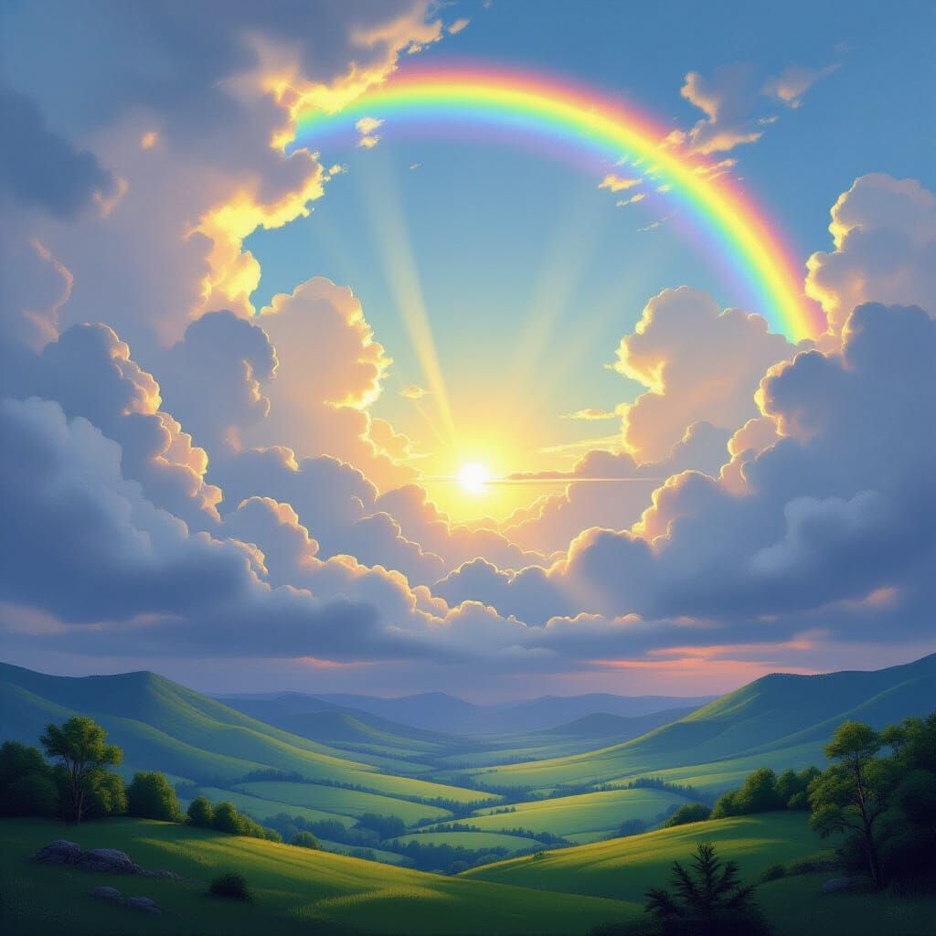 Sun Breaks Through Clouds in Lush Green Valley