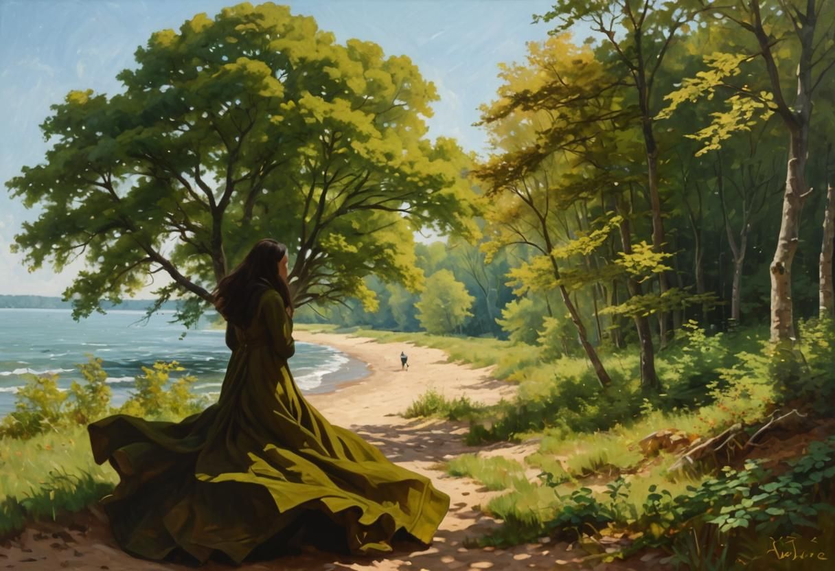 Woman on Beach with Oak, Oil Painting in Pastel Colors