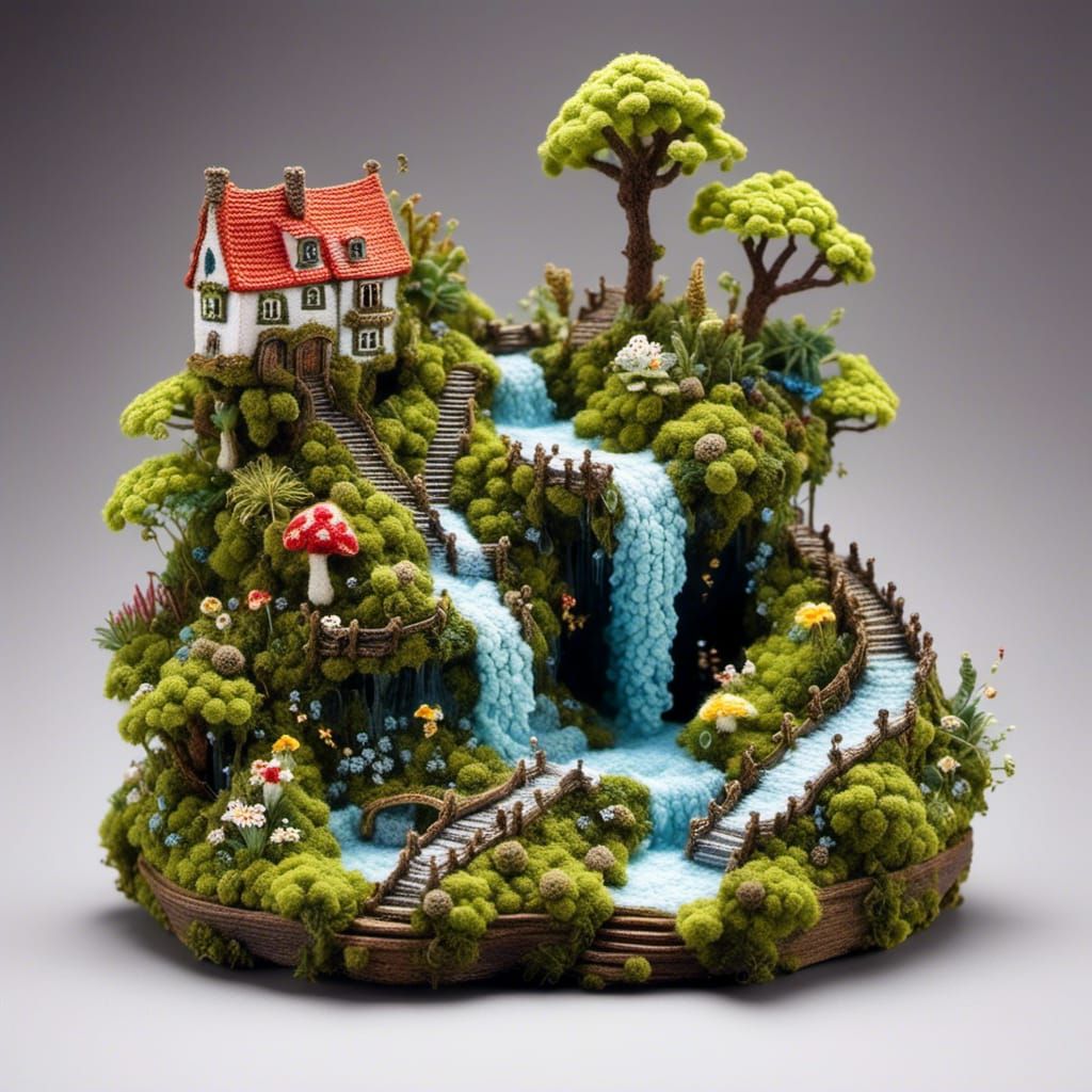 Miniature Crochet Waterfall: Detailed Landscape