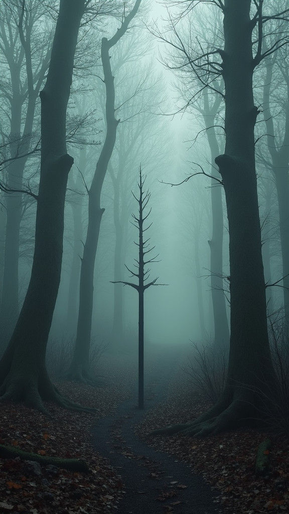Eerie Misty Forest with Black Metal Stem