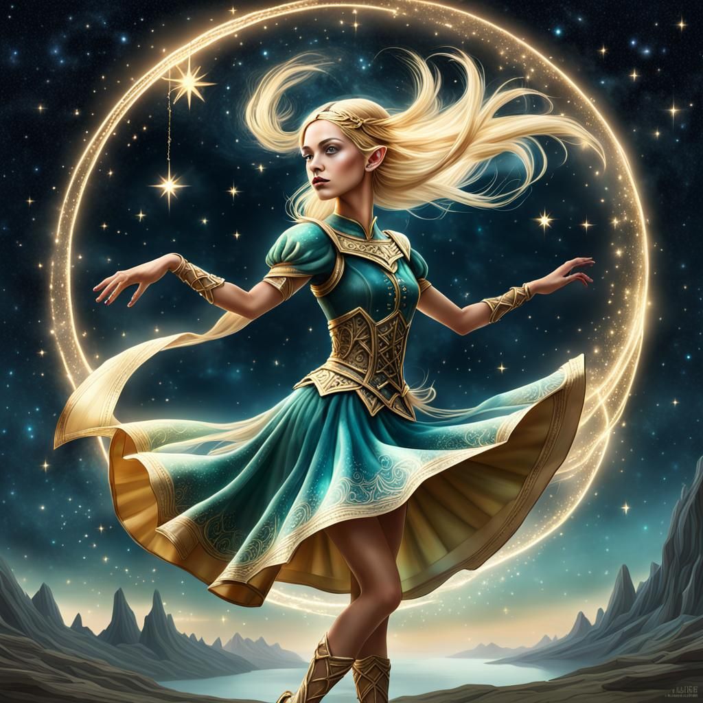 Elf Adventurer Dancing in Starlight: Surrealist Fusion