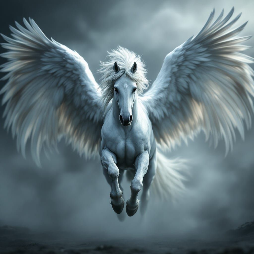 Surreal Fantasy Pegasus Takes Flight in Mysterious Fog