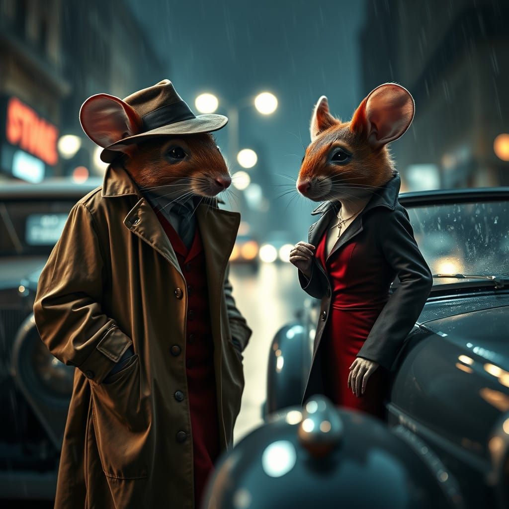 Retro-Style Mouse Detective in a Rainy Night Scene