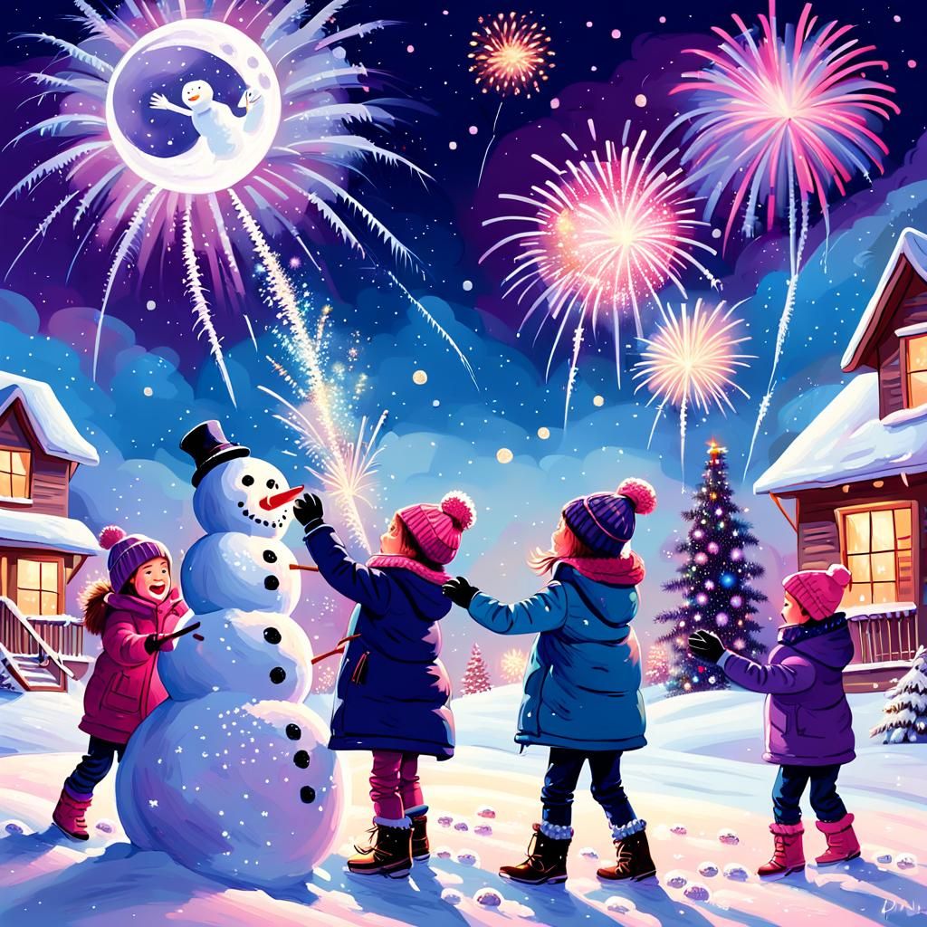 Magical Realism: Children Building Snowman Under Fireworks