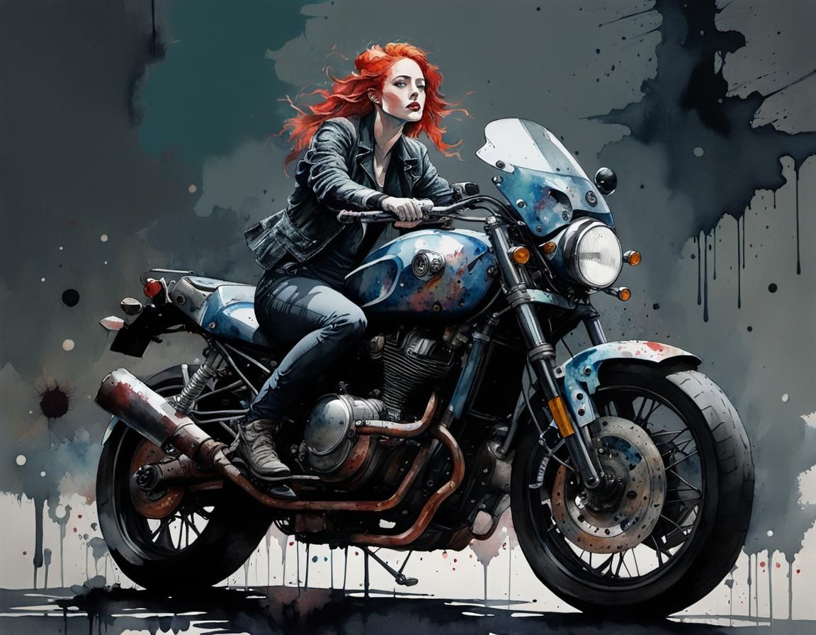Redhead Girl on Motorcycle in Watercolor Style