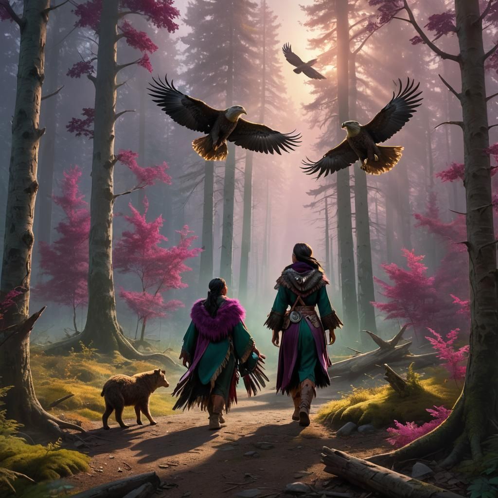 Anishinaabe Woman in Forest, Fantasy Matte Painting