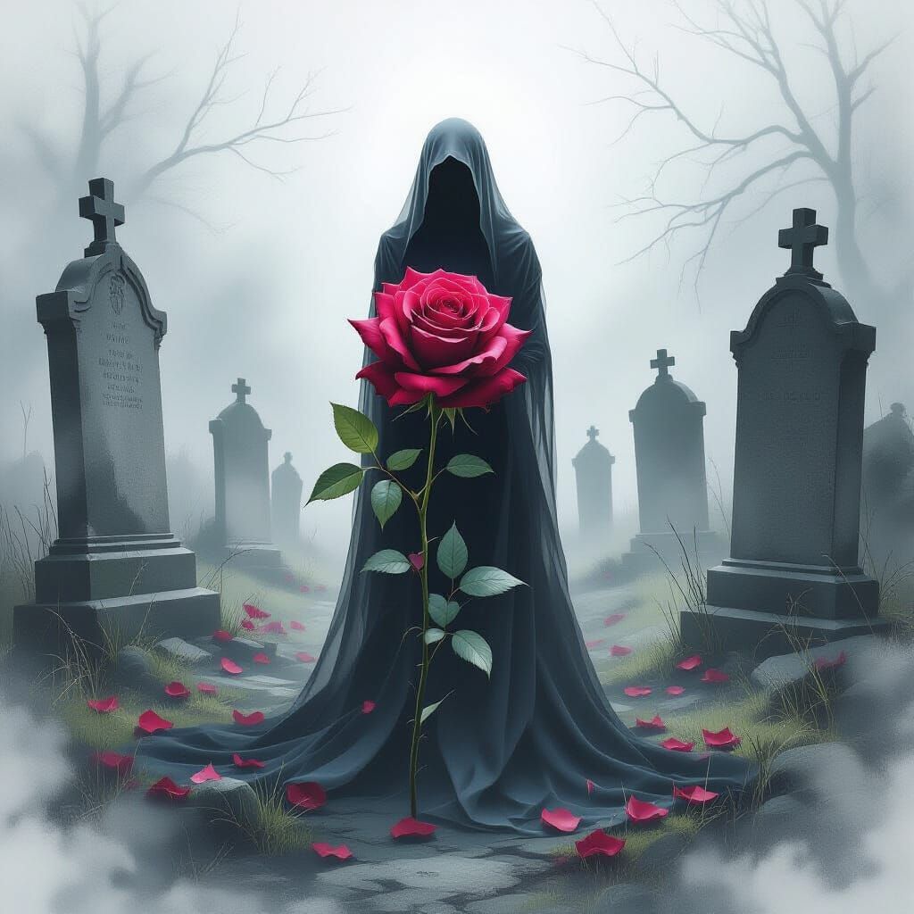 Ethereal Figure Rises From Blood Rose in Misty Graveyard
